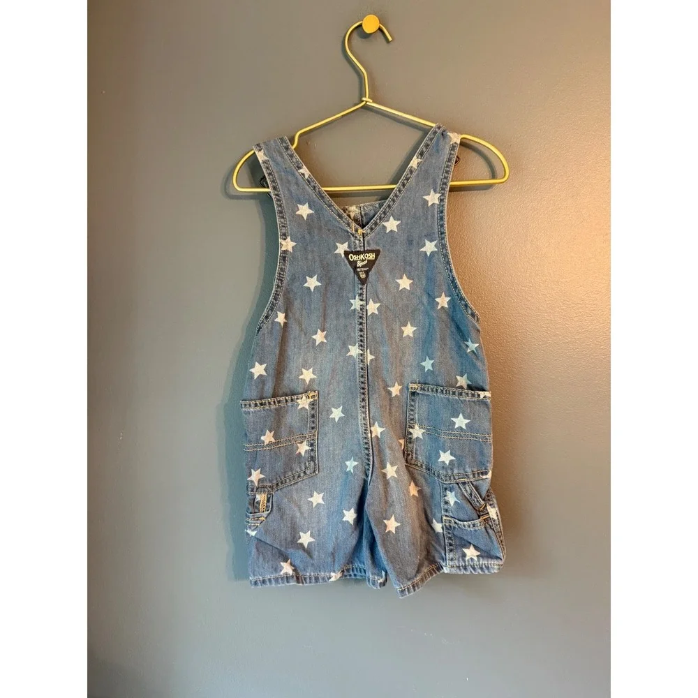 OshKosh B'gosh Toddler Star Print Denim Shortalls Blue White 3T‎